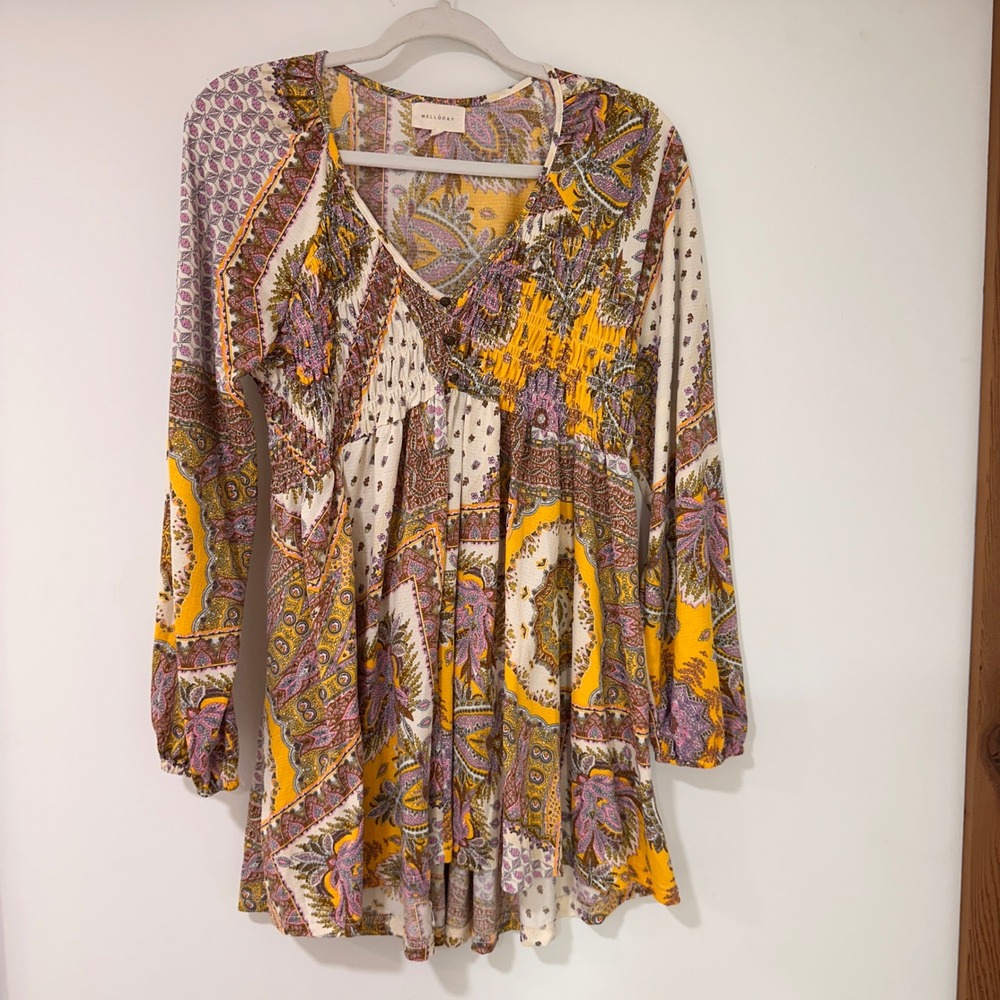 Melloday Paisley Patchwork Tunic Babydoll Top Women Size M Yellow Boho Smocked